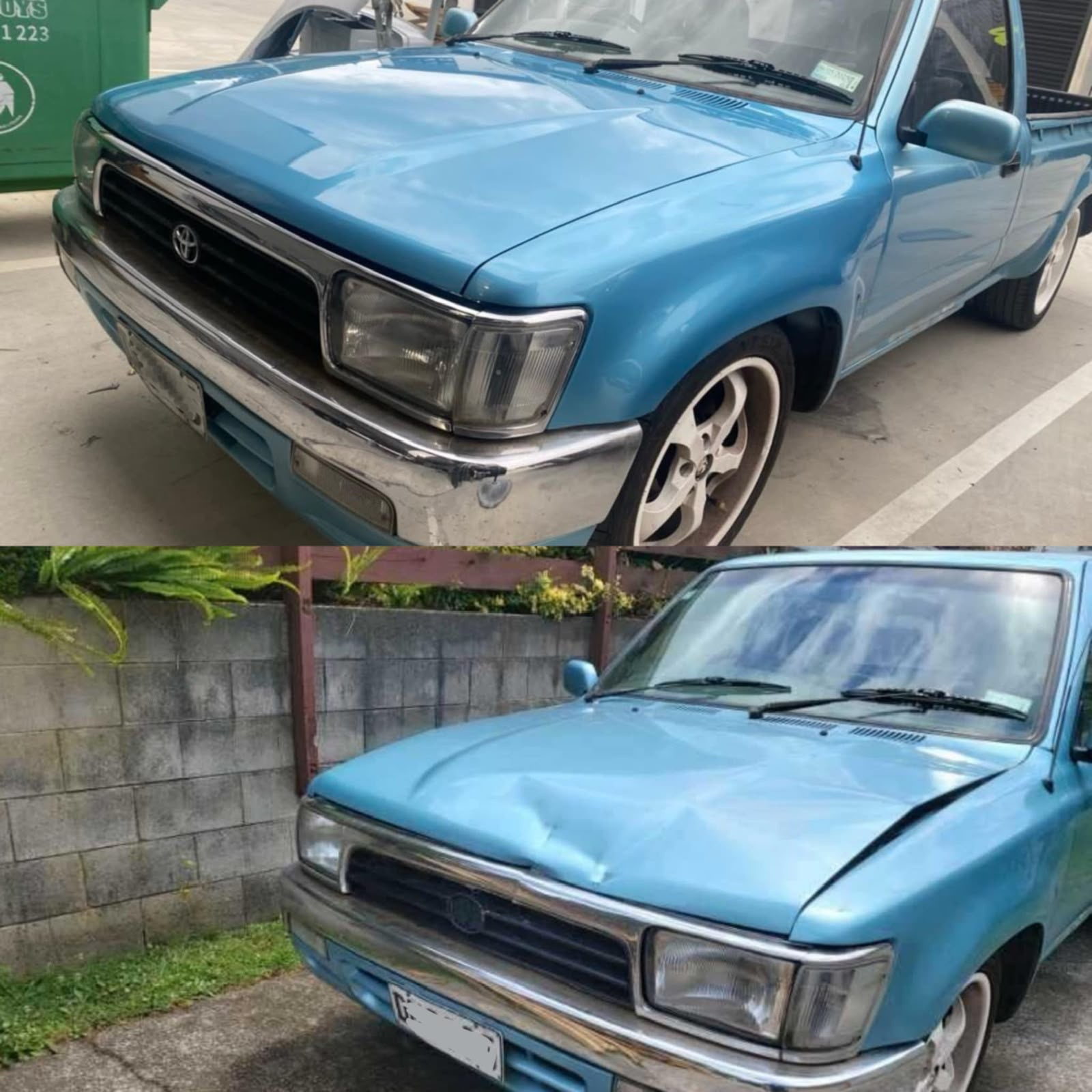 Toyota Hilux bonnet dent before and after panel repair